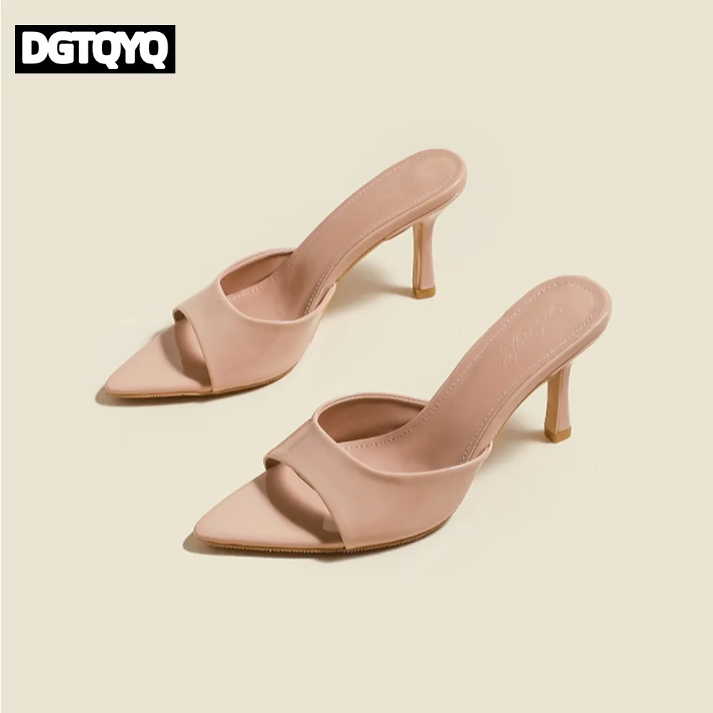 

Women's Slippers 2026 New Summer Slim Heel Pointed Toe Worn with A Straight Drag Patent Leather High-heeled Slippers for Womens