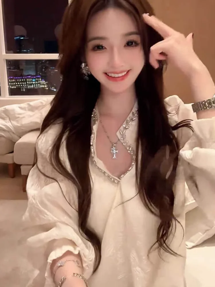 

Chiffon Shirt Women's Lantern Sleeve Design Sensation Mid-Length Top Glittering Diamond Early Autumn New Style