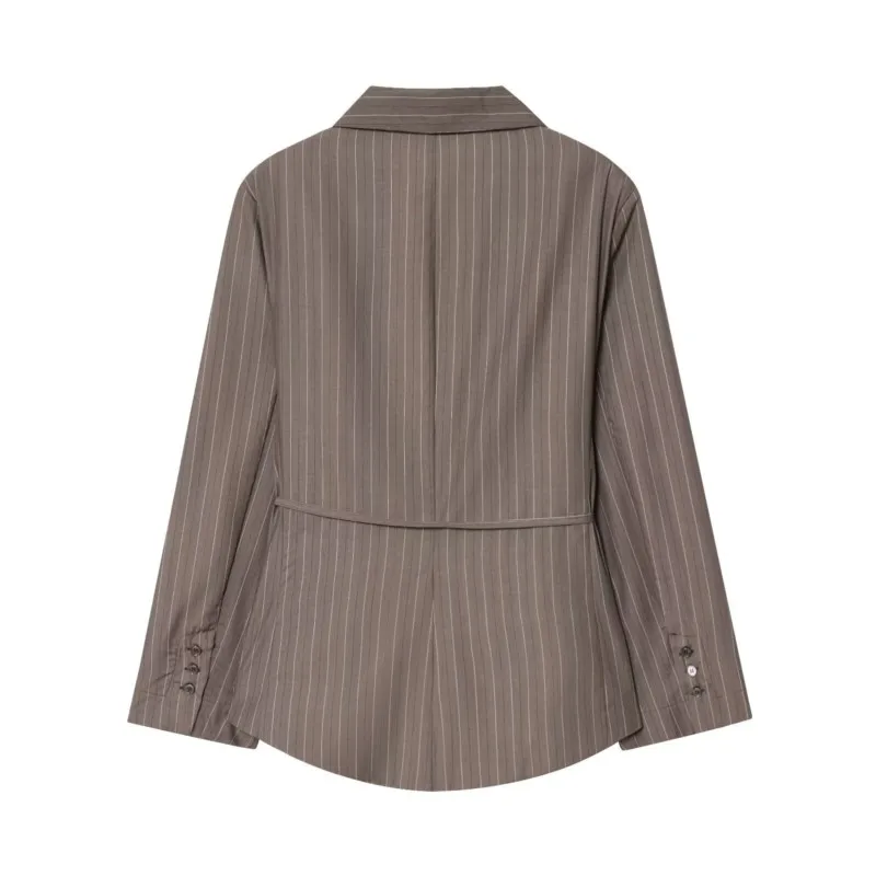 Women High Waist Pant Set Two Piece Blazer with Shoulder Pads and Belt Double Pleat Trousers with Flaps 2 Piece Set Women Outfit