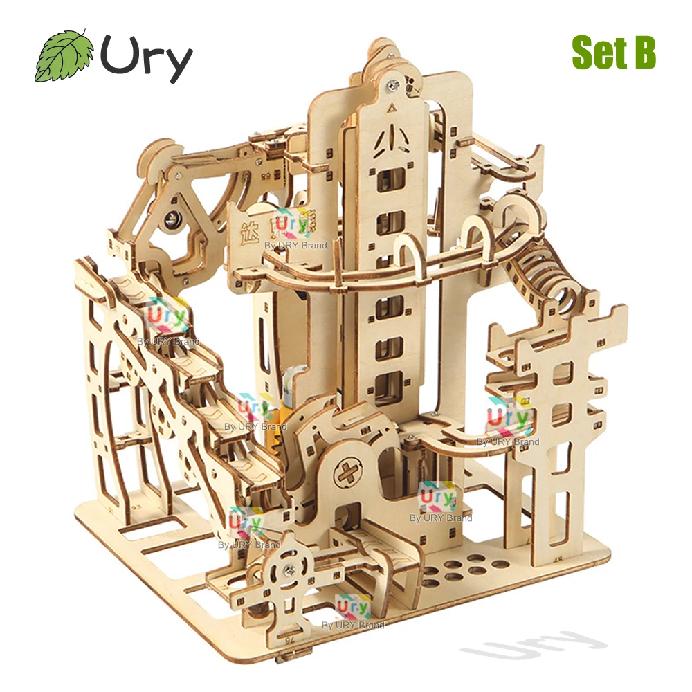 Ury 3D Holzpuzzle Elektrische Katapultbahn Murmelbahn-Set Mechanisches Modell Wissenschafts-Labyrinth 7 Kugeln Montage-Geschenk