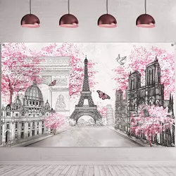 Paris Tapestry Backdrop Paris Wall Art Eiffel Tower Photo Banner Background European City Landscape Pink Wall Hanging Decor
