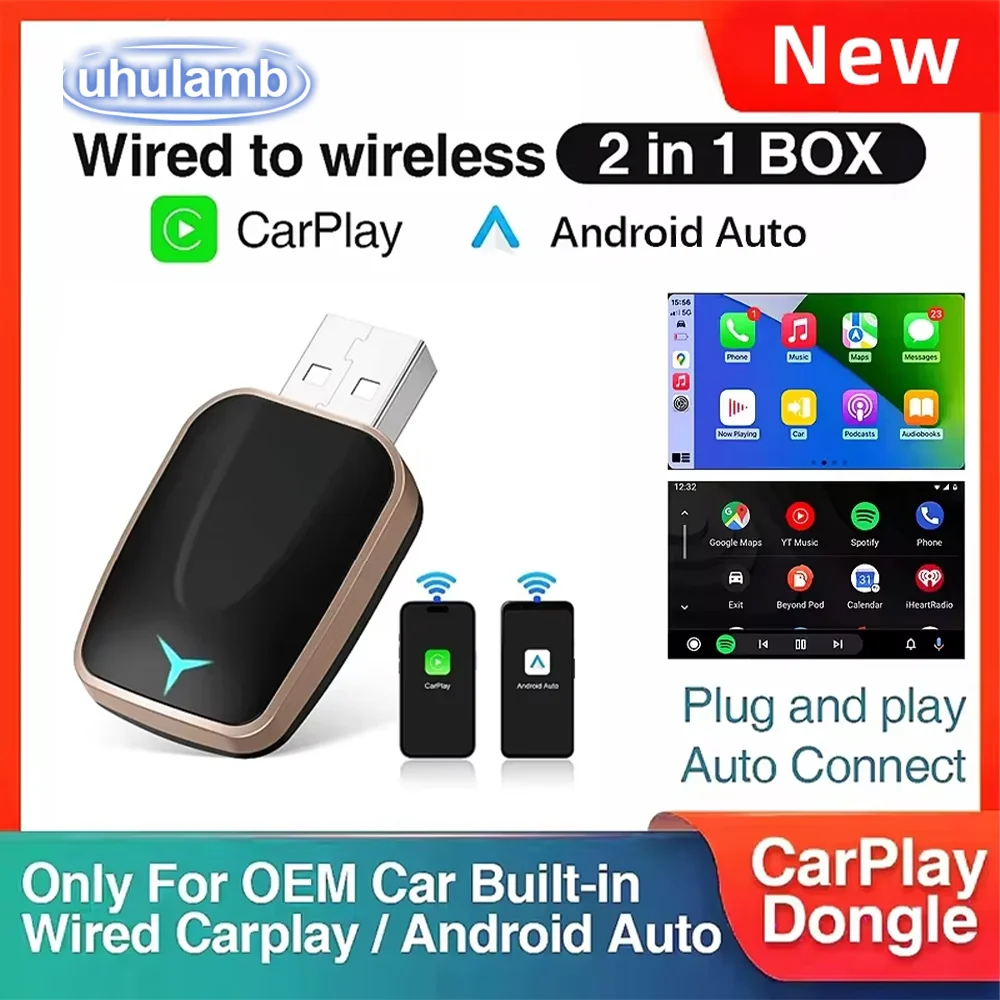

Uhulamb 2in1 Wireless CarPlay Android Auto Wired To Wireless Adapter Plug and Play Connect Universal for Nissan Wireless Adapter
