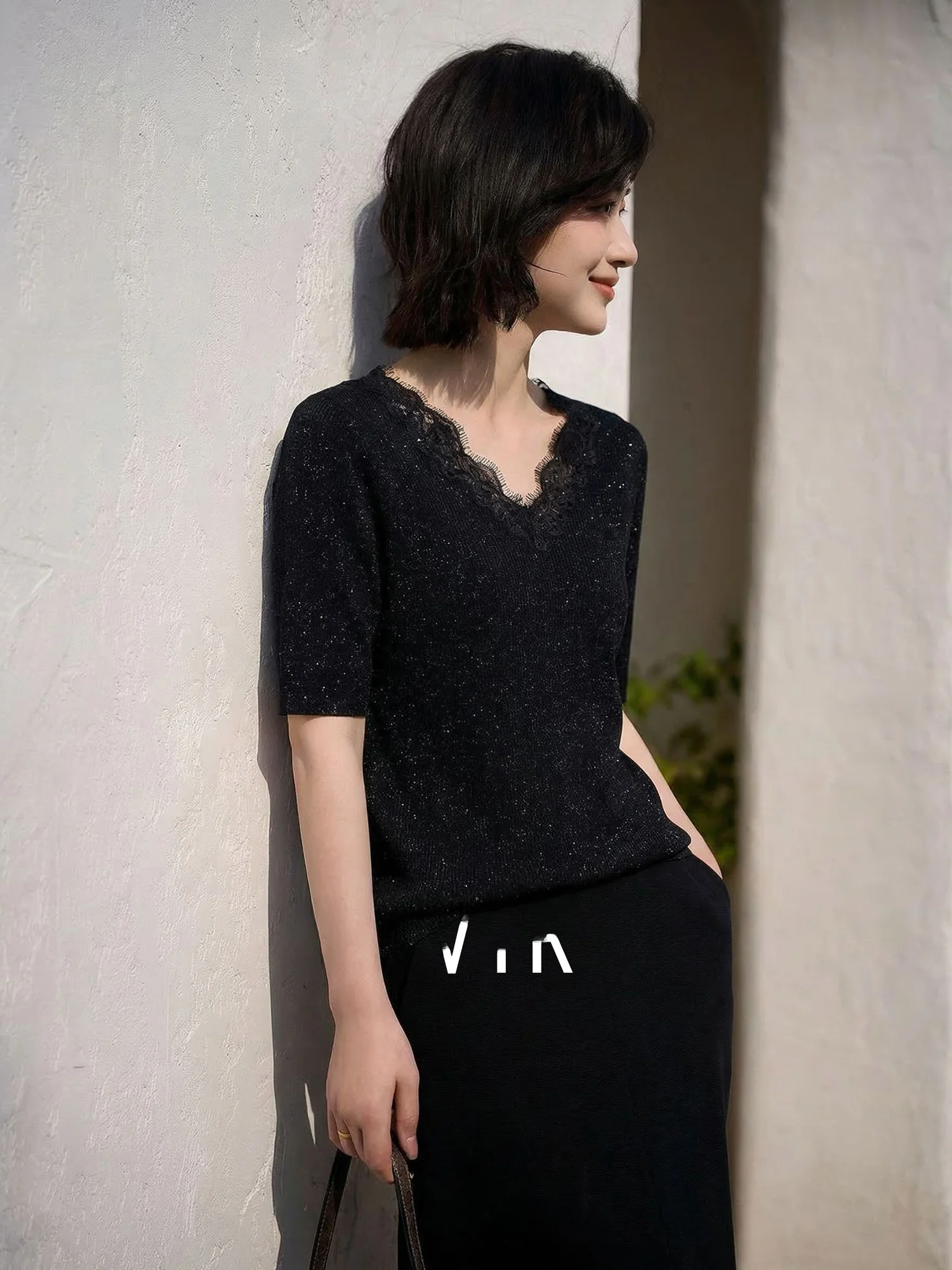 

Chivirin Simple Style Black Women's V-neck Knitwear Short Sleeve Loose Fit Summer New Arrival T-shirt Casual Top