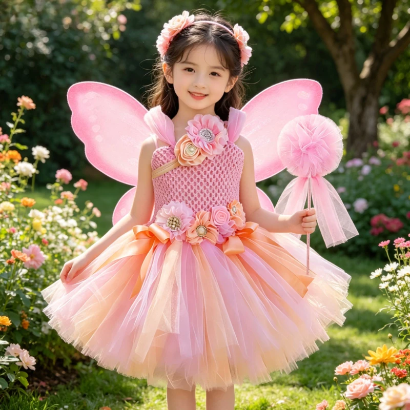 Pink Flower Fairy Princess Costumes with Wings Wand Hairband Girls Butterfly Fairy Tutu Dress Kids Woodland Elf Dress Up Outfit