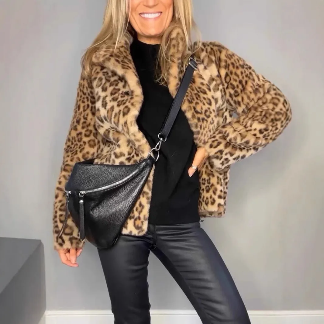 Luxury Brand Autumn Winter Fur Jacket Women's Retro Leopard Print Soft Fluffy Faux Fur Coat Lapel Collar Casual Warm Outerwear