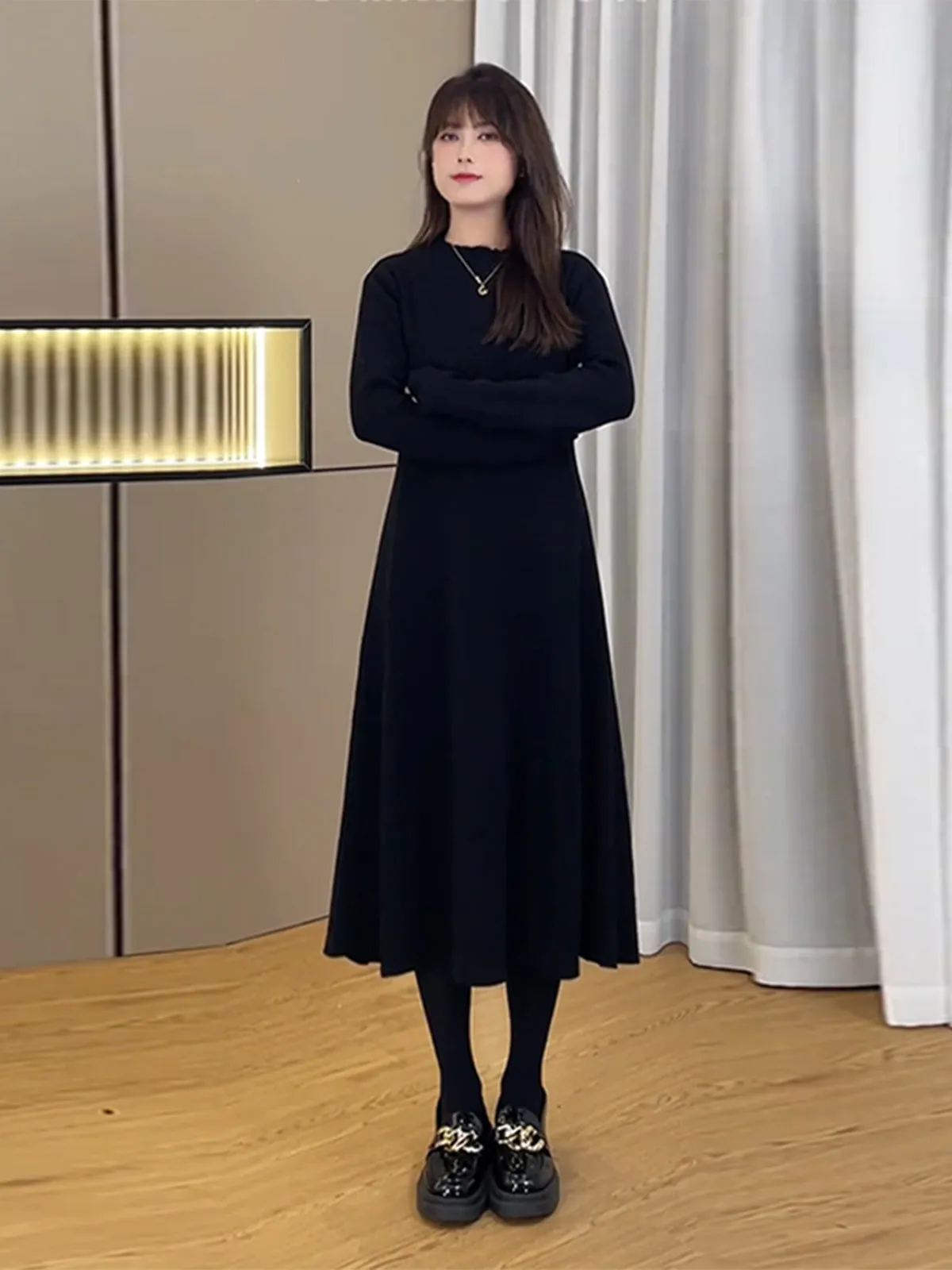 

plus Size Knitted Long Sve Dr Women's Faion Autumn Winter Thiening Slimming A-Line Dr High Waist Long Skirt