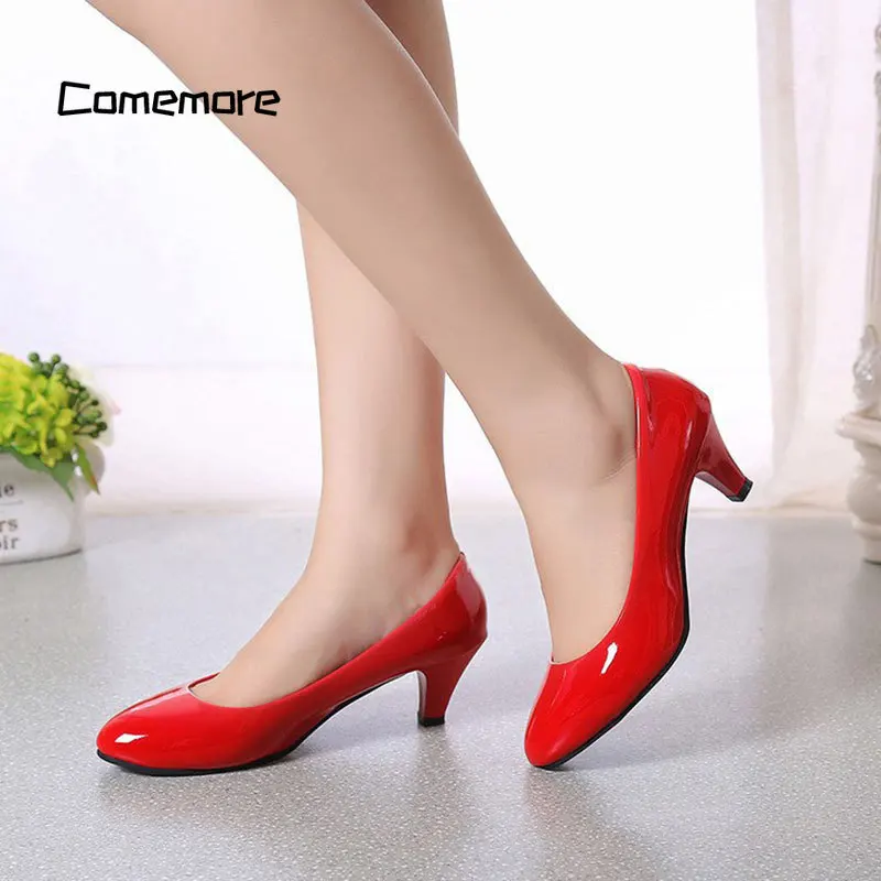 Comemore Ladies Shallow Mouth Work Elegant Patent Leather Office Shoe Leather Low Heels 2024 Pumps Women Professional Shoes Red