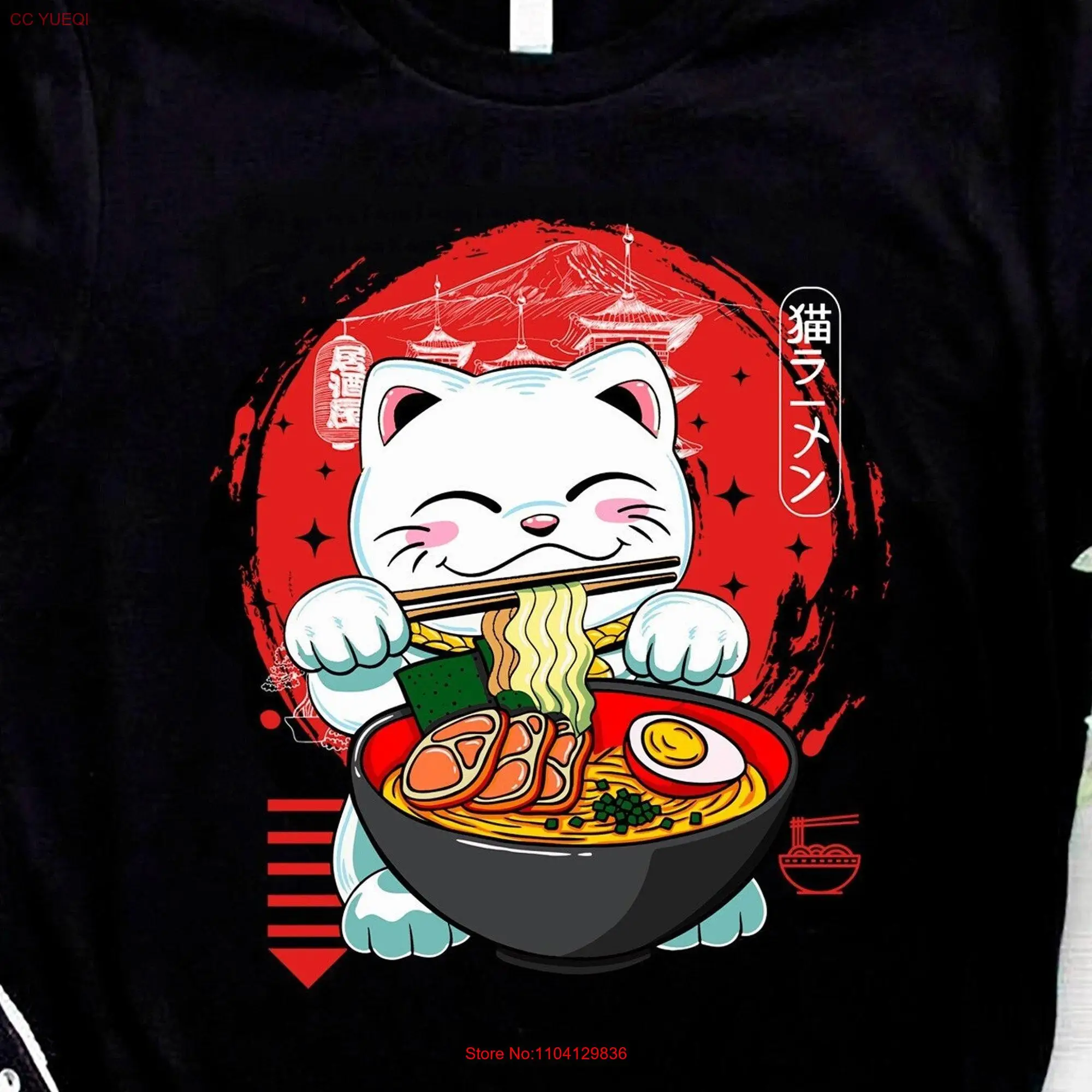 Camiseta de Manga larga o corta de Neko Ramen, gato japonés, Kawaii, Anime, fideos japoneses, cocina asiática, comida coreana