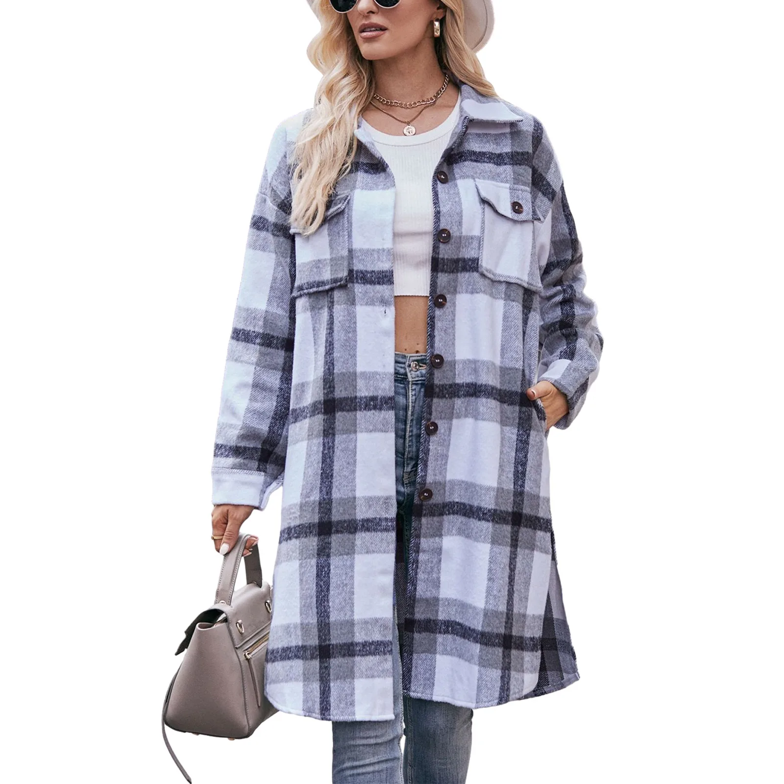 Women's Long Plaid Print Jackets Casual Long Sleeve Lapel Button Down Shacket Oversized Shirt Coat