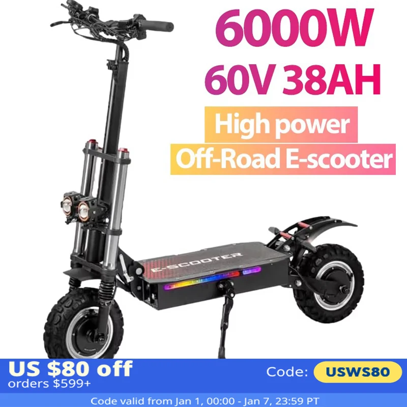 6000W High Power Adult Electric Scooter  Off-Road Commute Foldable 60V 38Ah Large Battery 60 Miles Range 50 Mph Fast E-Scooter