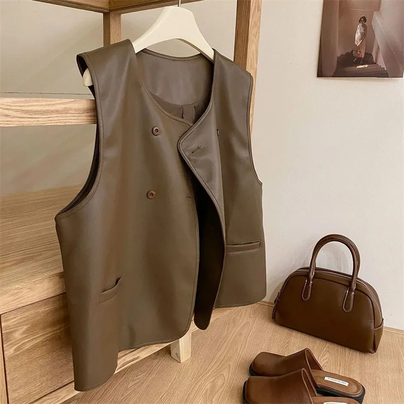 

Корейский женский модный жилет из искусственной кожи, пальто Femme, двубортная куртка без рукавов, весенне-осенний женский жилет из искусственной кожи, топ