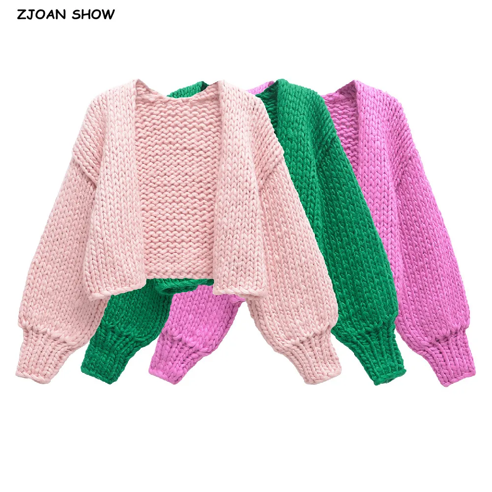 Sweet Hand Made Crochet Cardigan Retro Woman V neck Long Lantern sleeve Knitting Sweater Knitwear Jumper Plain Pink Green