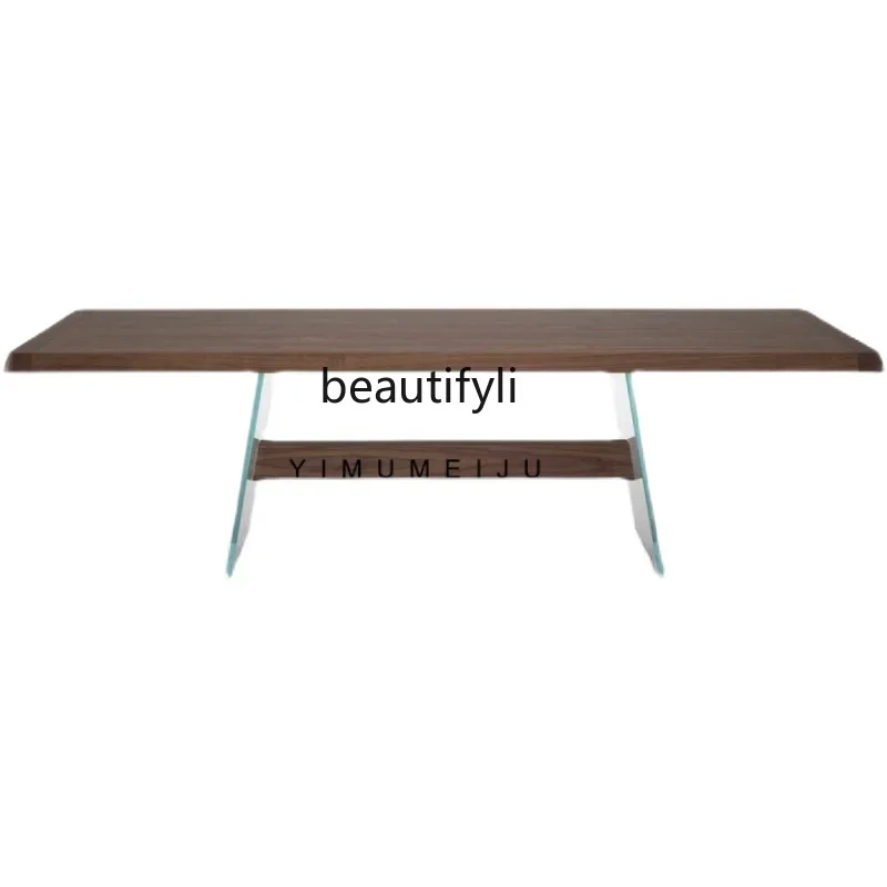 ss newItalian Furniture Light Luxury Modern Minimalist Black Walnut Solid Wood Dining Table Glass Minimalist Tea Table