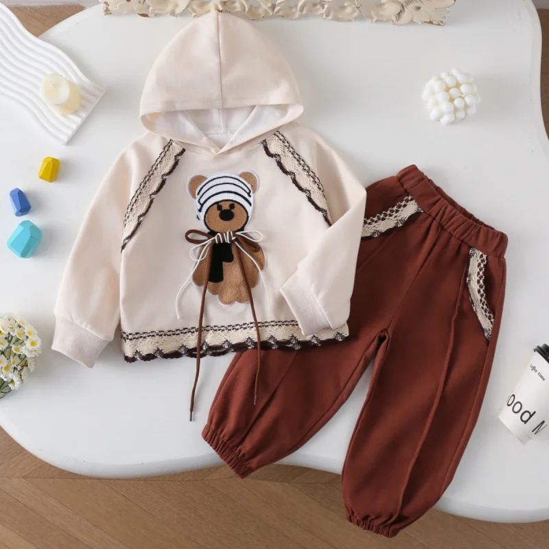 

Children's Outfit New Spring and Autumn Girls' Stylish Lace Patch Bear Hoodie Sweatshirt Casual Pants Two-Piece Set
