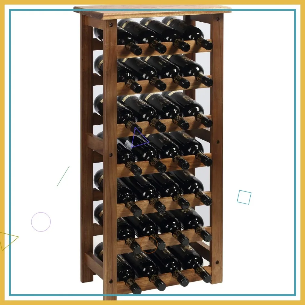 

7-Tier Wooden Wine Rack, Holds 28 Bottles, Natural Floor Storage for Kitchen or Cellar