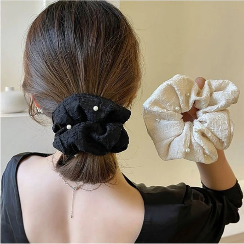 

New Korean Women Solid Color Pearl Elastics Hair Band Girls Scrunchies Hair Ties Lady Fashion Ponytail Holder Hair Accessories