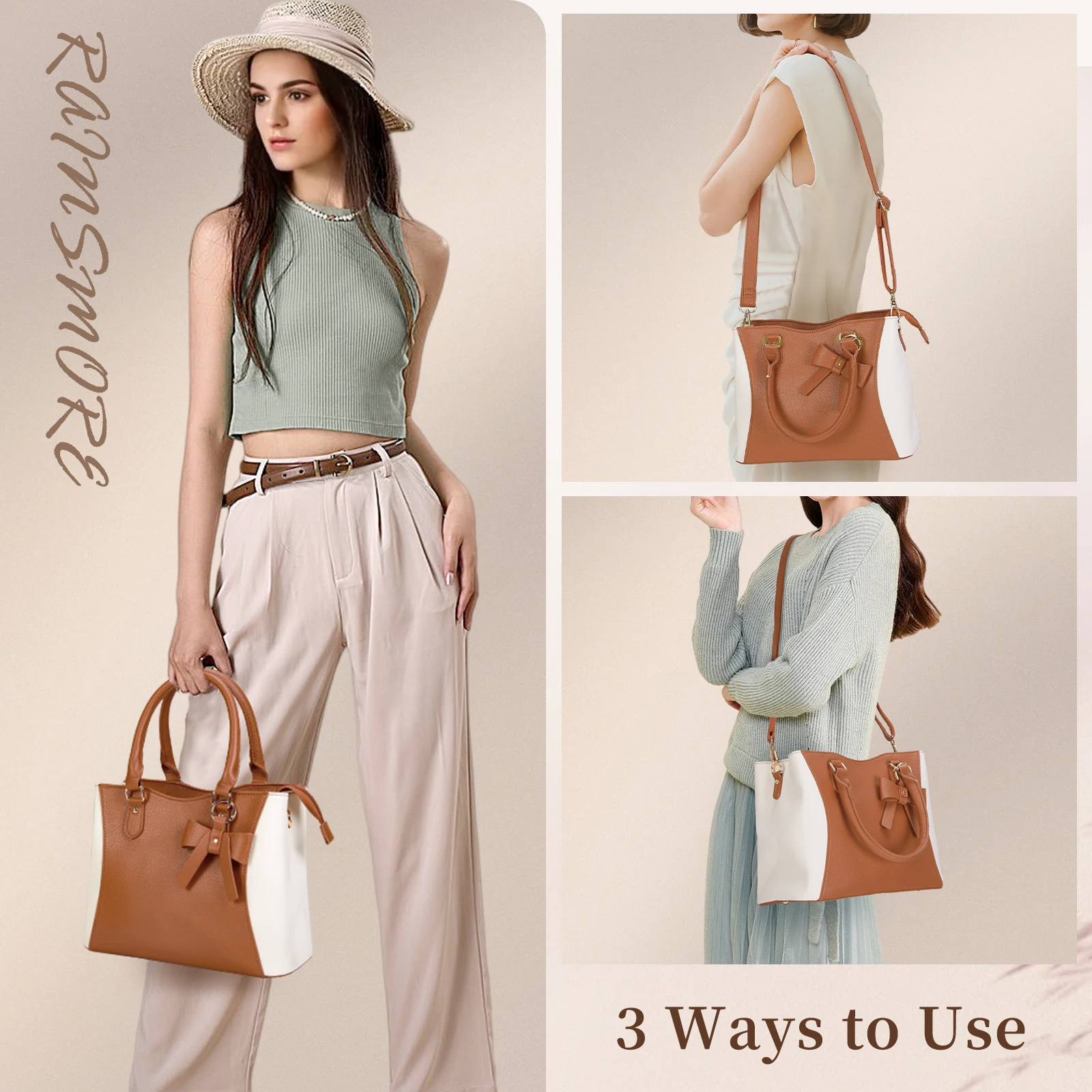 

RAINSMORE Tote Handbag Bag for Women Business Office Work Handbag with Bowknot Classic PU Leather Crossbody Bag Shoulder Bag