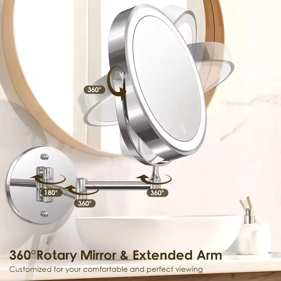 8 inch Wall Mounted Makeup Mirror 1X/10X Magnifying Double Side Folding Arm Extend USB Charging Bathroom Smart Cosmetic Mirrors