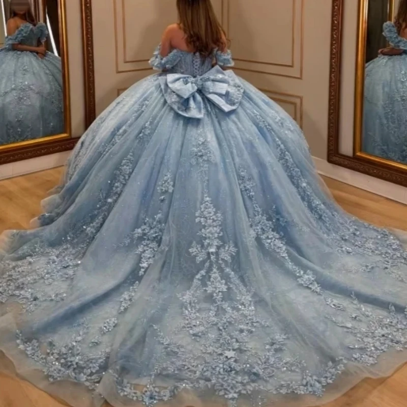 

Luxury Light Blue Women Pageant Dress Cap Sleeve Flower Applique Lace Up Ballgown Prom Occasion 15 16 Quinceaenra 2026Customized