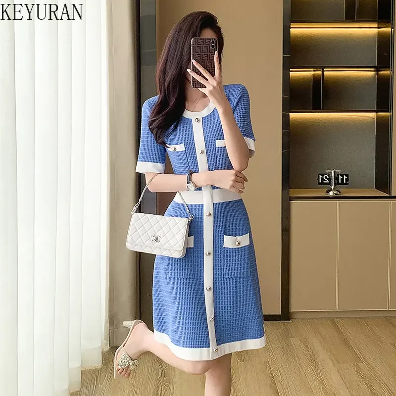 2024 summer knitted Dress Women New Sexy Elegant Vestidos nero/blu manica corta moda coreana abiti da lavoro a maglia abbigliamento donna