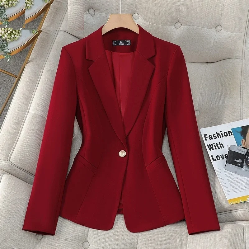 Czerwona marynarka damska, dopasowany krój, elegancki styl biurowy, jednorzędowa, damska, codzienna, z temperamentem, wysokiej jakości, formalna kurtka damska, odzież wierzchnia.