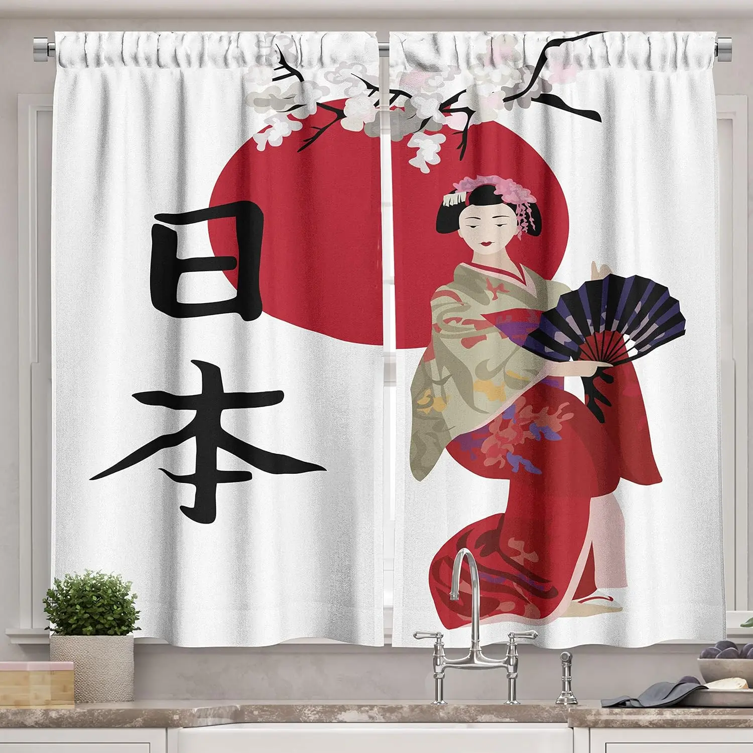 Lunarable Japan Kitchen Curtains, Illustration a Geisha Cherry Blossoms and Kanji Letters Kimono Costume, Window Drapes 2 Panel