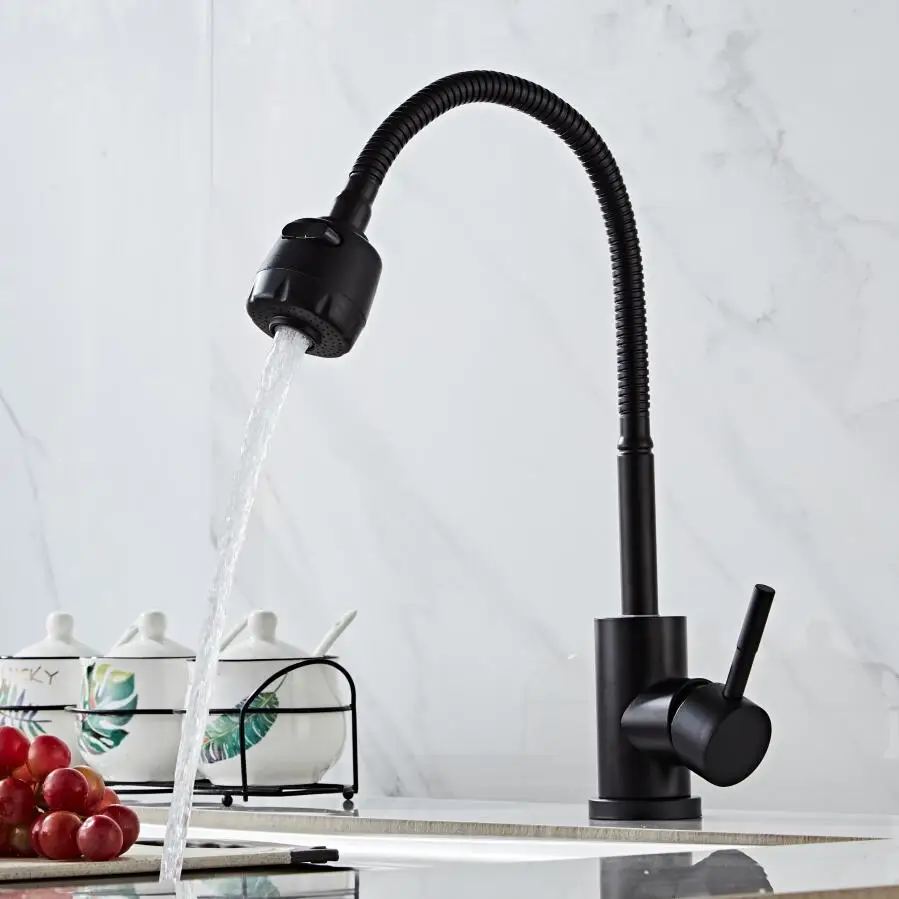 Kitchen Faucet Modern Style Flexible Kitchen Sink Mixer Faucet Taps Single Handle 304 Stainless Steel Black Cold and Hot Water