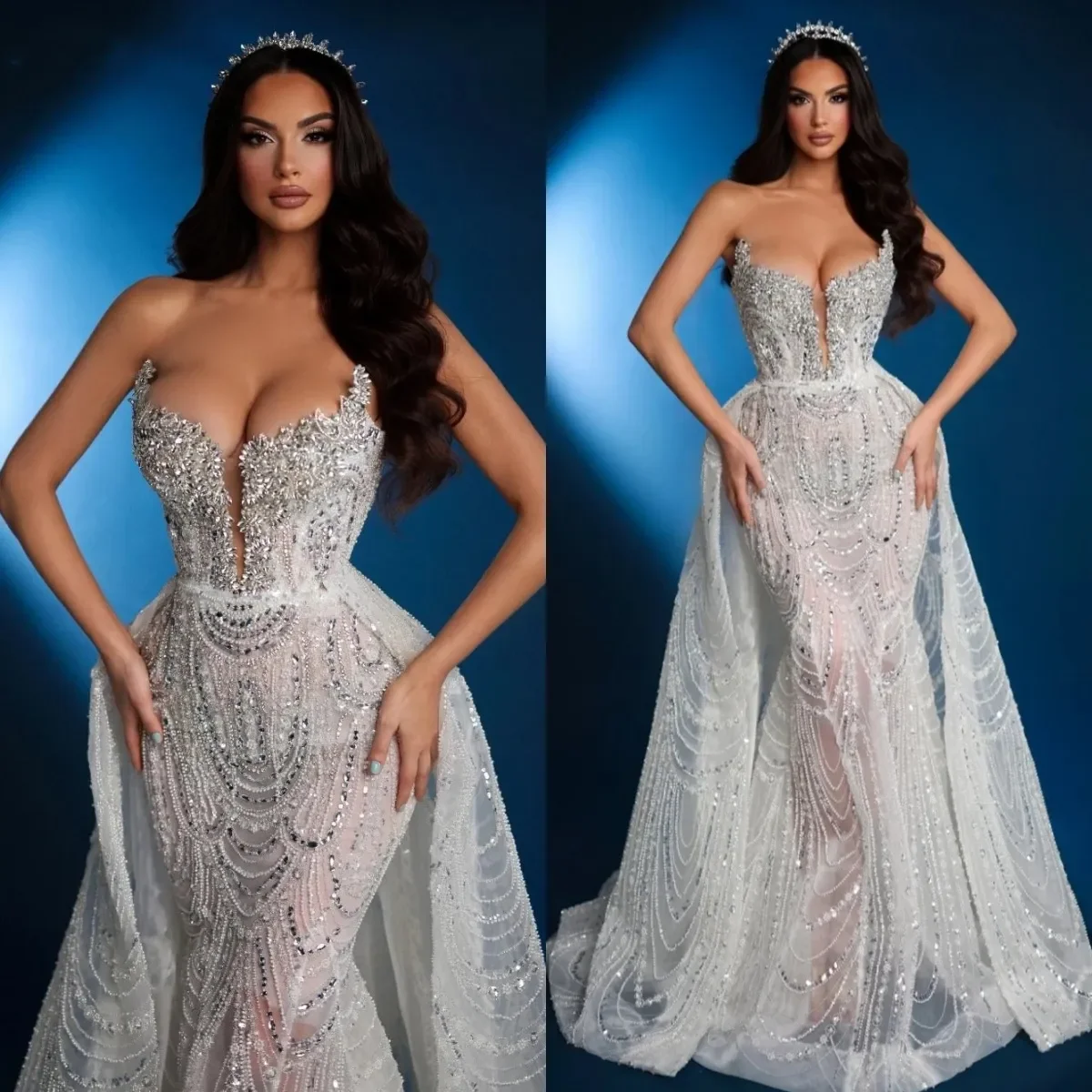 

Elegant Strapless Crystal Wedding Dress Luxury Sequined Beaded Bridal Dress Beading Lace Sleeveless Customized vestidos de novia