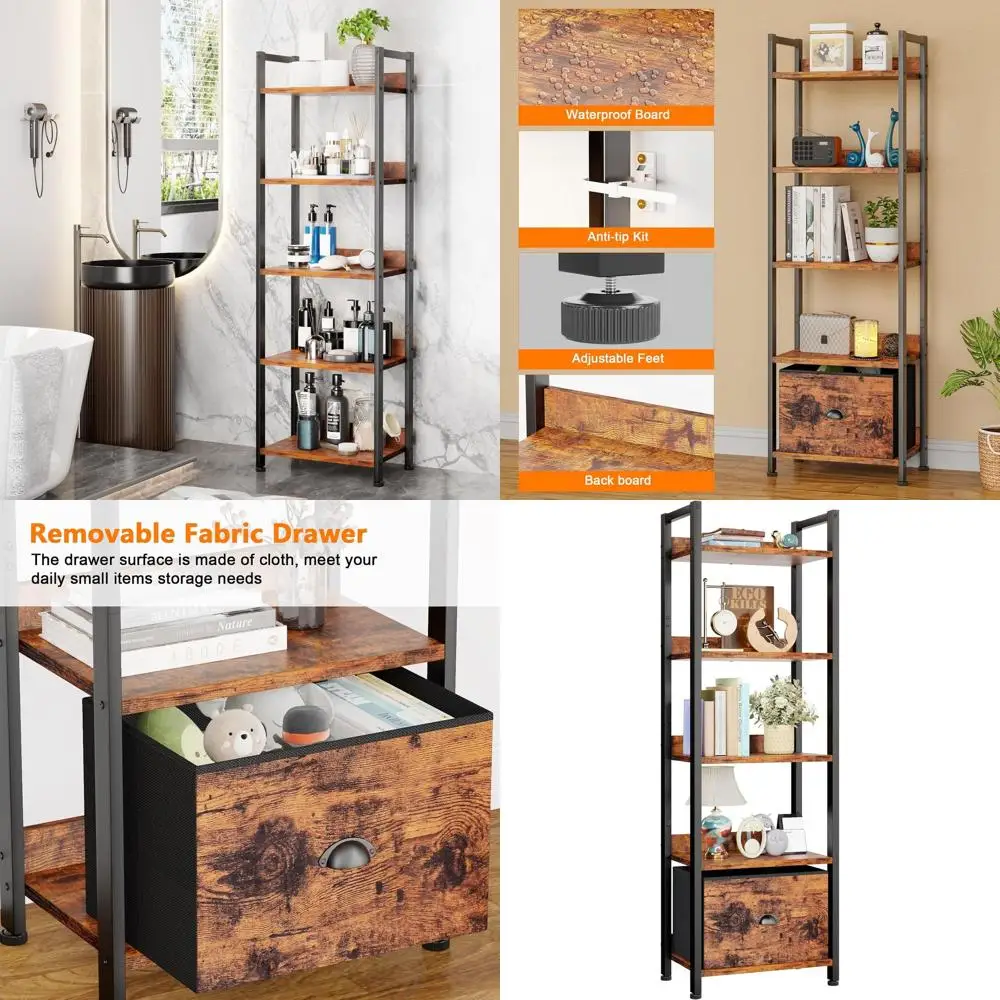 

5-ярусная высокая узкая книжная полка с полками, деревянный и металлический органайзер для хранения, цвет рустик-коричневый, подходит для спальни, гостиной