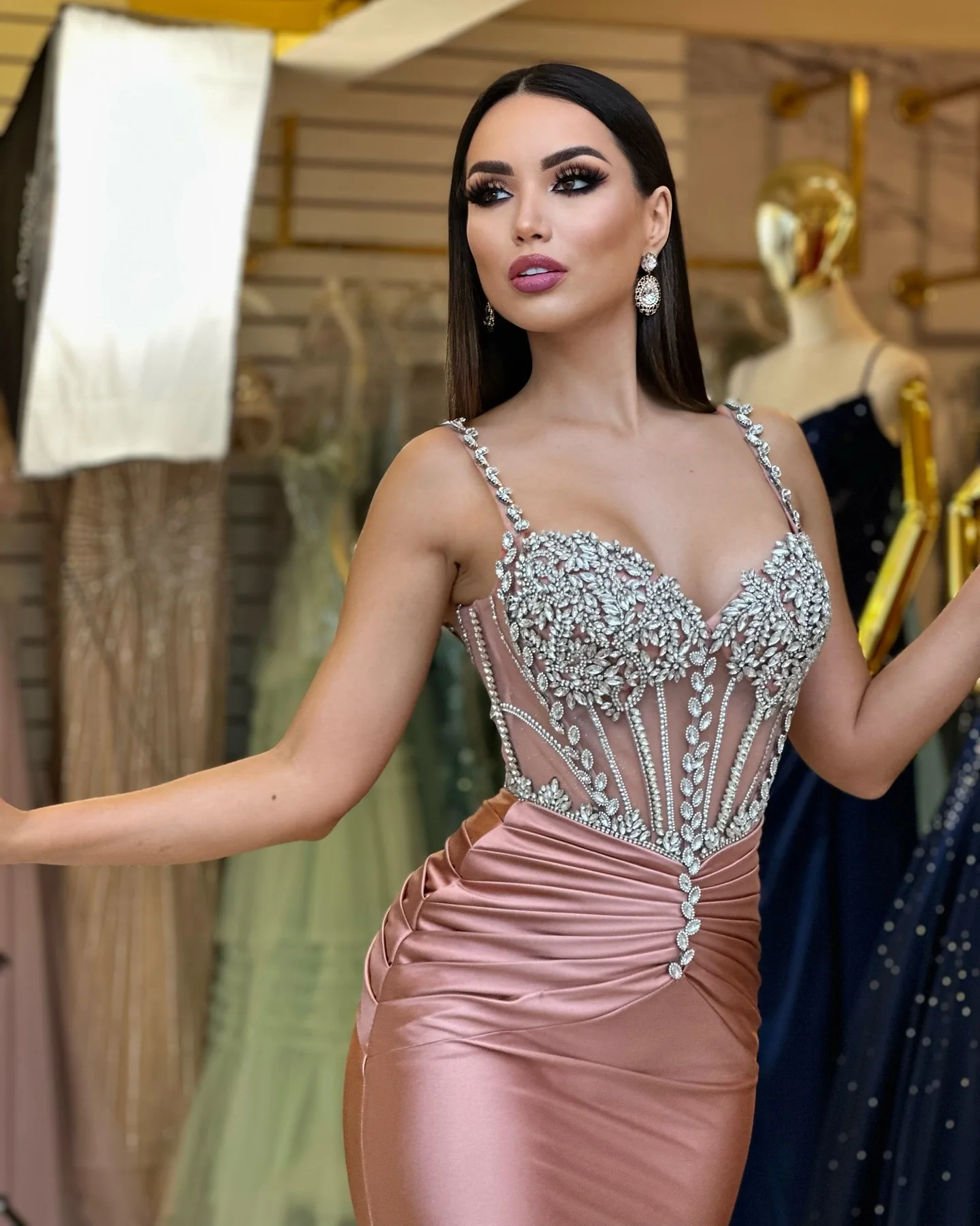 فستان سهرة فاخر مخصص سويب تراين رائع حورية البحر من الساتان فساتين لحضور الحفلات الموسيقية الحديثة مطرز بالكريستال فساتين مناسبة خاصة #6