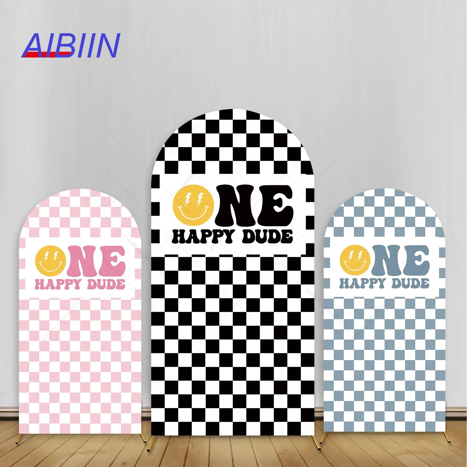 

One Happy Dude 1st Birthday Arch Backdrop Cover Yellow Smiley Black/Blue/Pink/Purple Grid Checker Kids Party Decor Background