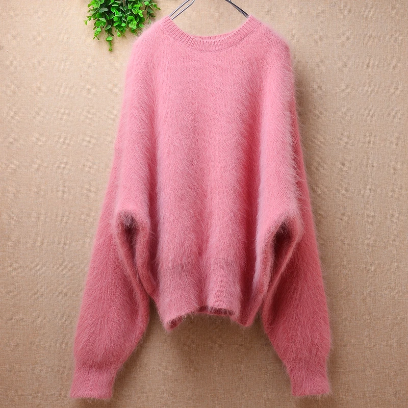 female women fashion fall winter clothing hairy mink cashmere knitted o-neck long batwing sleeves loose pullover angora sweater