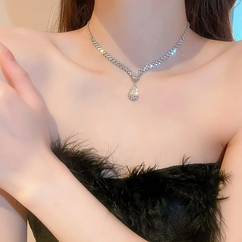 Sparkling Rhinestone Necklace Drop Earrings For Women Geometric Water Droplet Pendant Necklaces Wedding Bride Jewelry Sets image 4