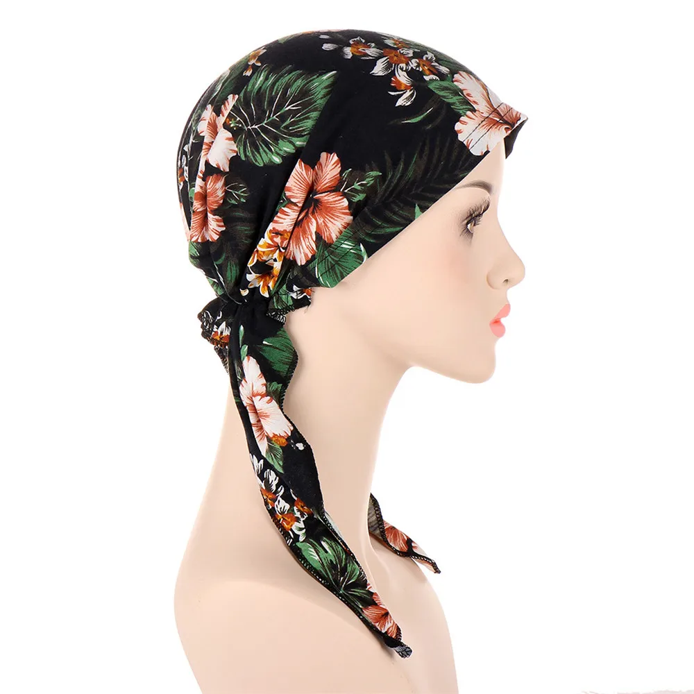 Muslim Women Printed Hijabs Hats Turban Head Head Scarf Chemo Cancer Cap Hair Loss Hat Long Tail Bow Bonnet Wide Band Wrap Cap