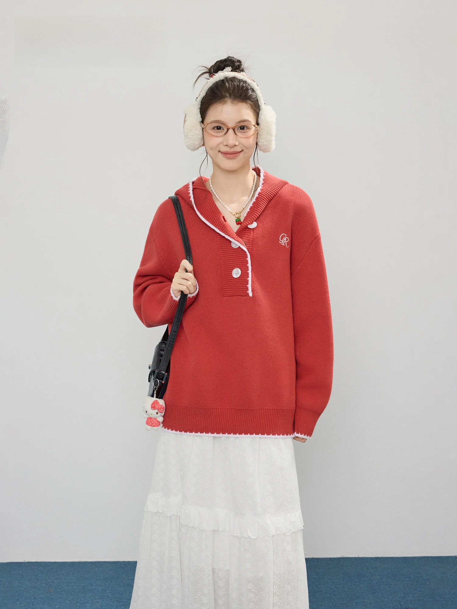 

Red Hooded Knitwear Women's Loose Fit Winter Sle Casual Faion Thiened Long Sve Cotton Inner Wear by Original Space