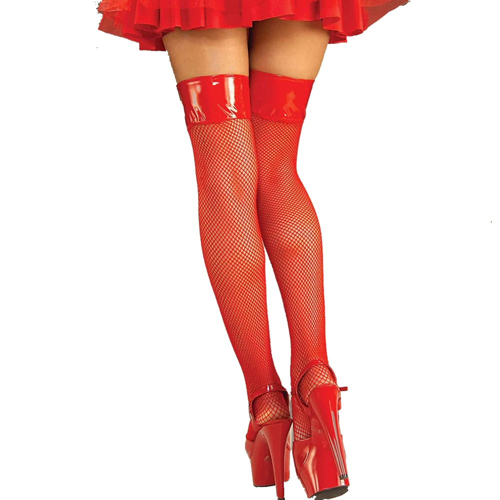 Women's Faux Leather Red Metallic High Tights Stockings Vinyl Top Fishnet Costume Lingerie