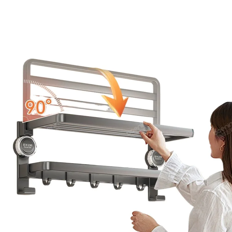 

Suction cup towel rack Space aluminum foldable non-punching bathroom Double bathroom towel rack