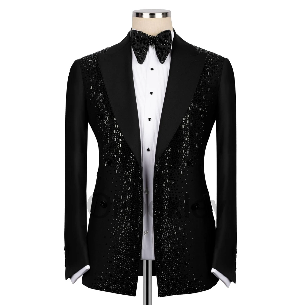 Olibexley Luxury Beaded Diamond Men Suits 2 Pieces Sets Wedding Groom Tuxedos Slim Fit Male Prom Party Blazers Customized S294