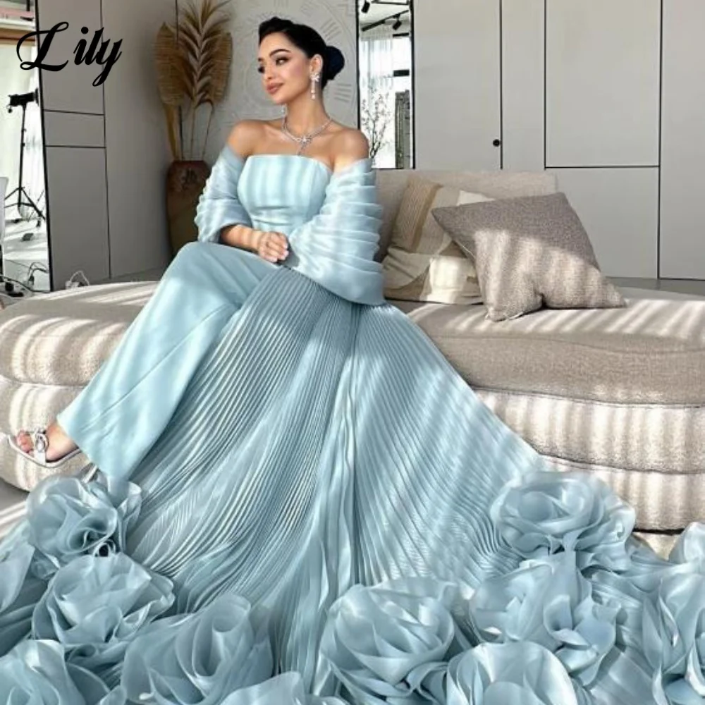 فستان حفلات من Lily Sky Blue بسيط مع أكتاف مكشوفة فستان حفلات بوق مشد خلفي مع زهور للمناسبات الخاصة حسب الطلب