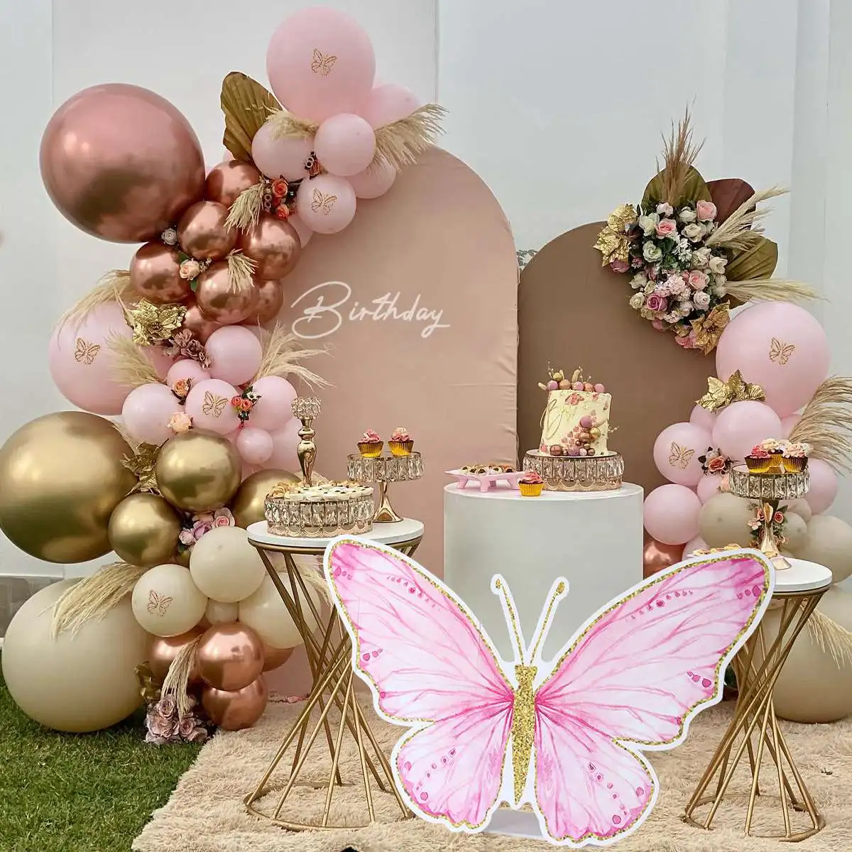 Fundo de Borboleta Rosa para Crianças, KT Board, Decorações De Festa De Aniversário, Decoração De Casamento, 1 °, 1 Ano, Baby Shower