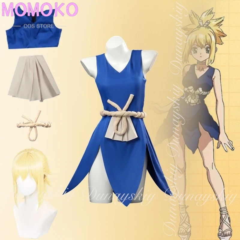 Dr. STONE Anime Kohaku Cosplay ganador de competición guerrero más fuerte vestido azul peluca amarilla disfraz de Cosplay traje completo