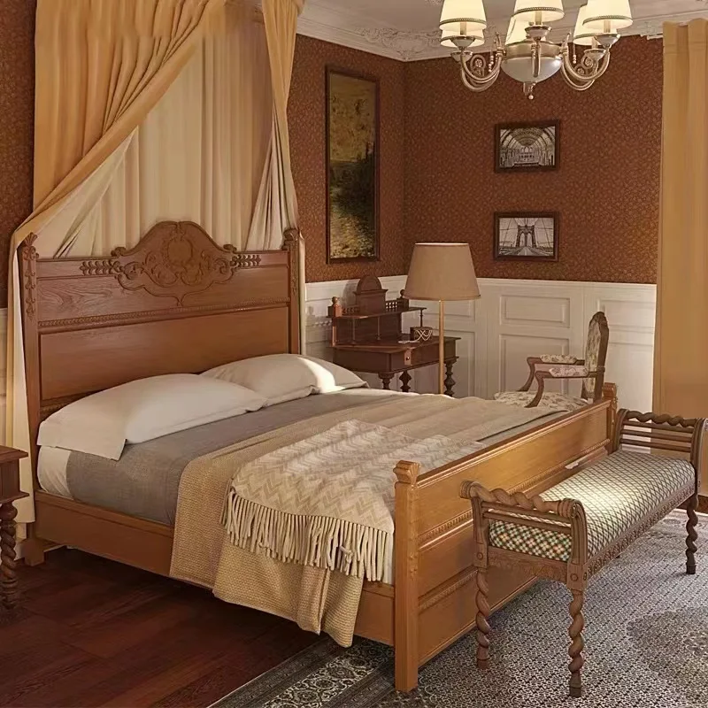 

French light oak bed American all solid wood double bed retro medieval carved bed rural old children'swedding