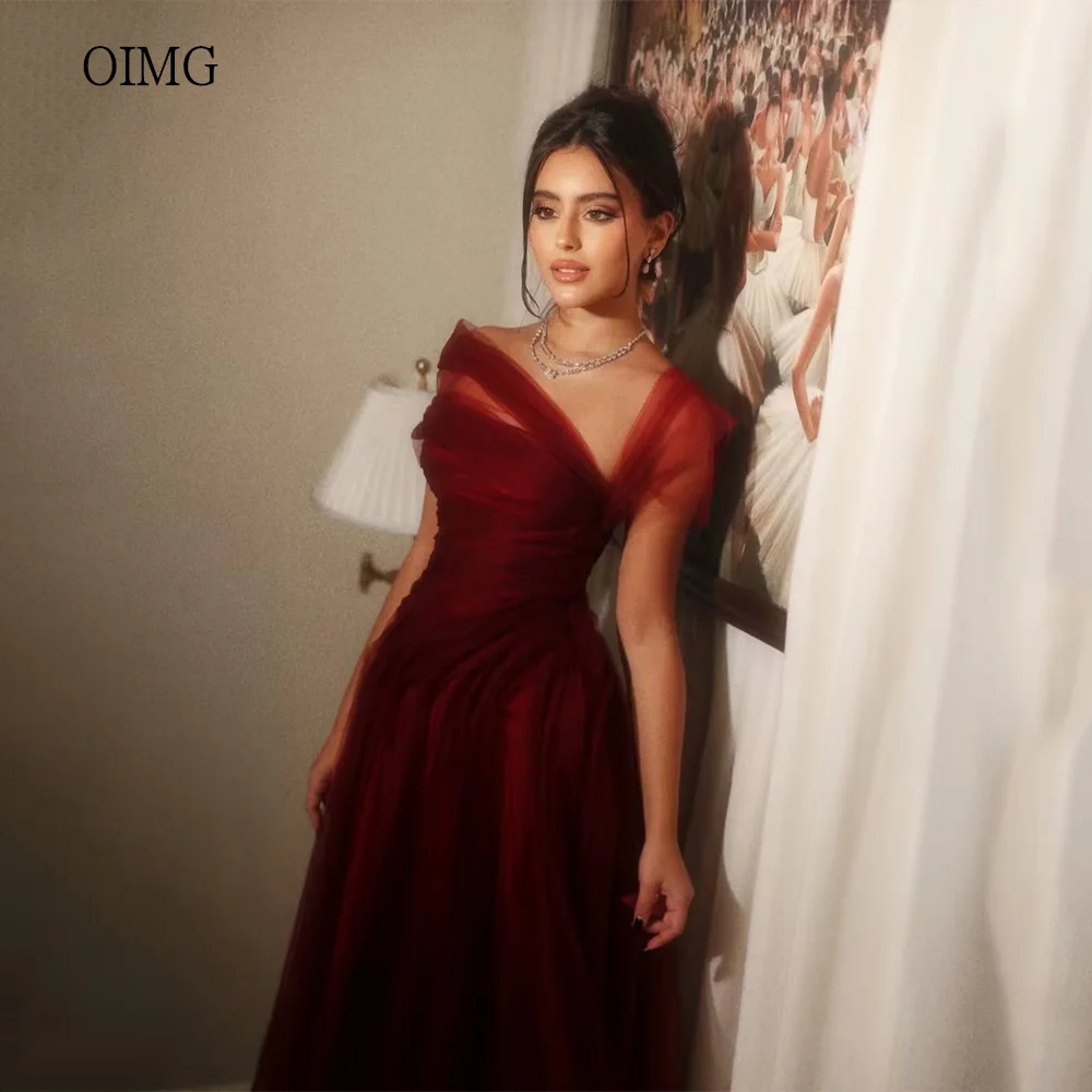 OIMG Formal Burgundy Off The Shoulder A Line Prom Gowns Pleated Party Gown Floor Length Evening Dress فساتين سهرة Customized