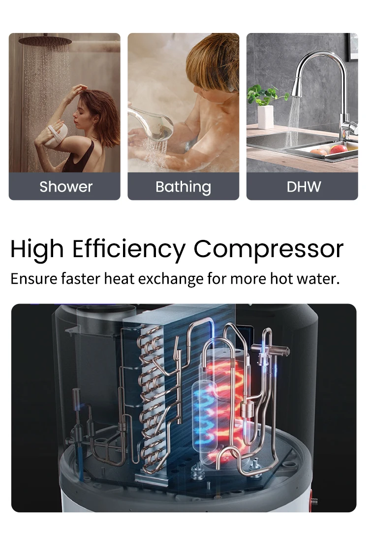 250L R290 Calentador de agua eléctrico Agua caliente doméstica COP4.5 Bomba de calor todo en uno