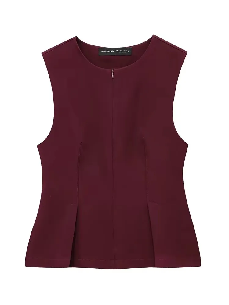 TFMLN, novedad de verano, moda para mujer, Tops con cremallera, camiseta sin mangas informal Vintage con cuello redondo, chaleco plisado ajustado, Top con pliegues de calle alta
