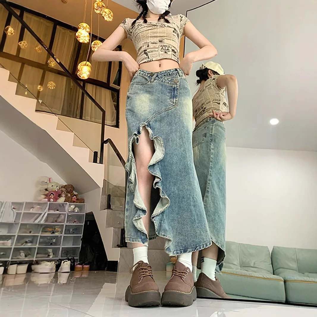 

Женская винтажная синяя джинсовая юбка миди с высокой талией, фасон «рыбий хвост», с разрезом, оборками и волнистым подолом, в стиле Y2K, модная облегающая юбка для дерзких образов