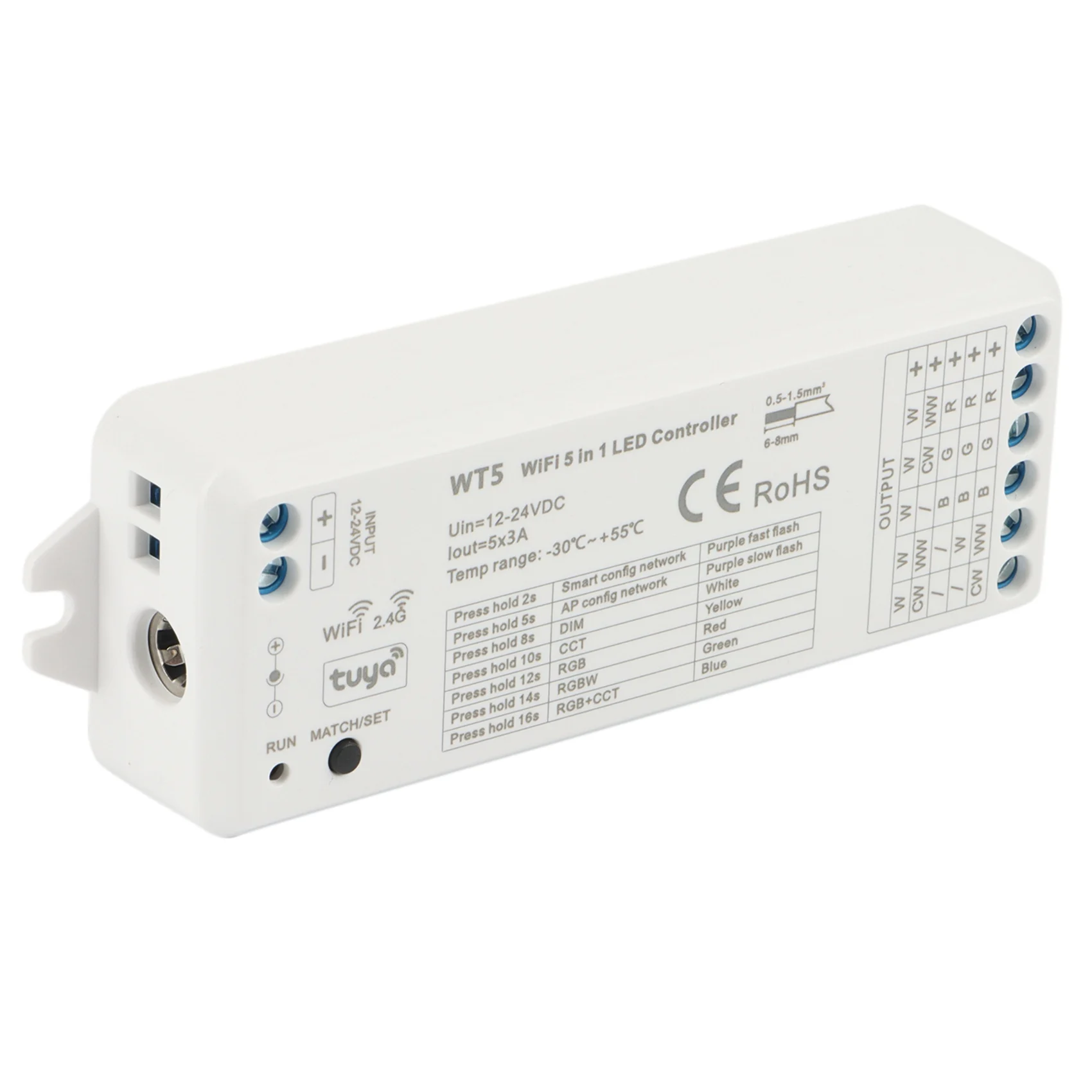 Controlador LED 5 en 1, atenuador CCT, RGB, RGBW, RGBWW, RGBCCT, tira Smart Life, Wifi, 2,4G, control remoto RF, 12-24V, WT5