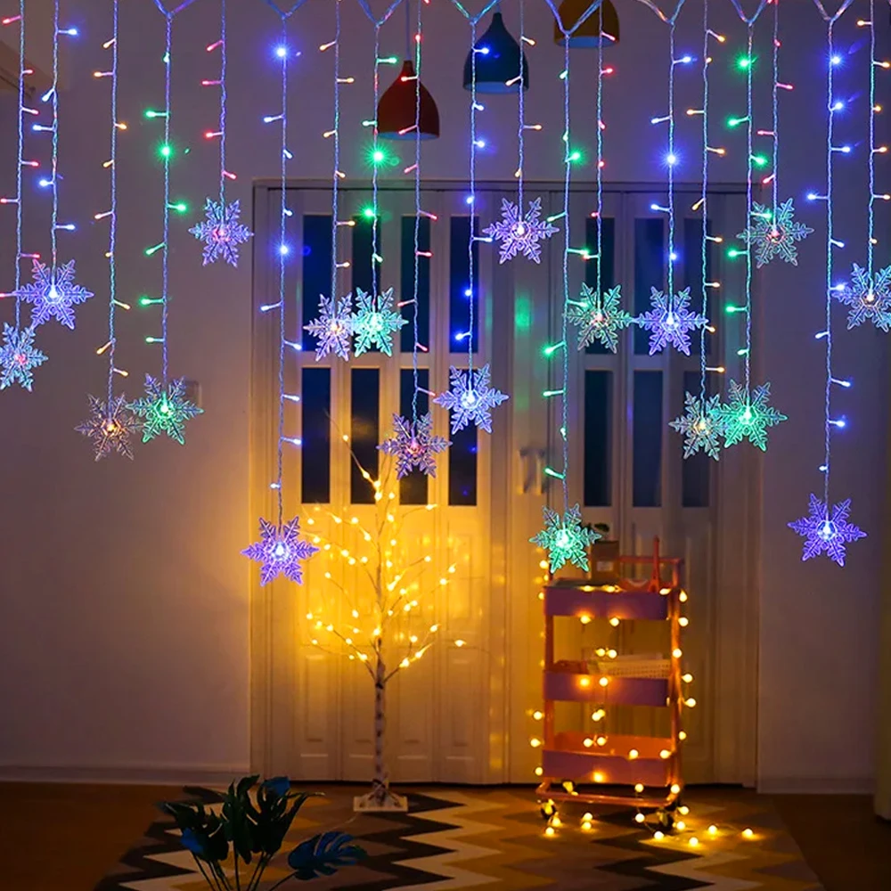 الاتحاد الأوروبي/الولايات المتحدة التوصيل عيد الميلاد ضوء Led ندفة الثلج الستار جارلاند الجنية سلسلة أضواء السنة الجديدة في الهواء الطلق للمنزل حفلة حديقة الديكور