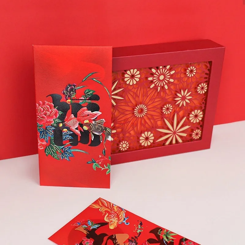 Envelope vermelho criativo estilo chinês para festival de primavera, bolsa de ano novo, 6 peças, 2022