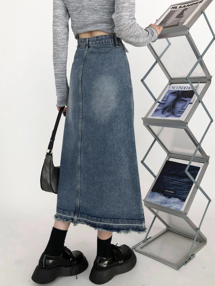 Skirts Women Leisure Pockets Denim Fashion Korean Style S-5XL Simple Solid Slit Autumn Student A-line Empire Clothes Midi Faldas